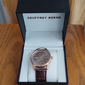 Geoffrey Beene Rose Gold Chronograph Watch with Brown Leather Band